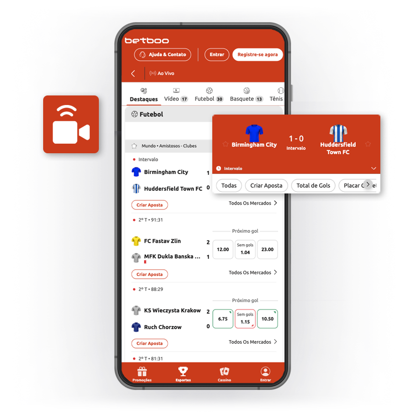 Tela de celular exibindo a página de apostas esportivas da aplicativo da Betboo, mostrando placares ao vivo, probabilidades de apostas e opções, incluindo partidas de futebol listadas com datas e valores das apostas.