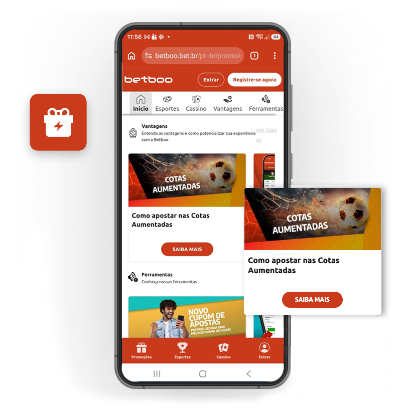 Tela de celular exibindo a página de promoções do aplicativo da Betboo. Na imagem, são mostradas duas promoções, posicionadas uma abaixo da outra.